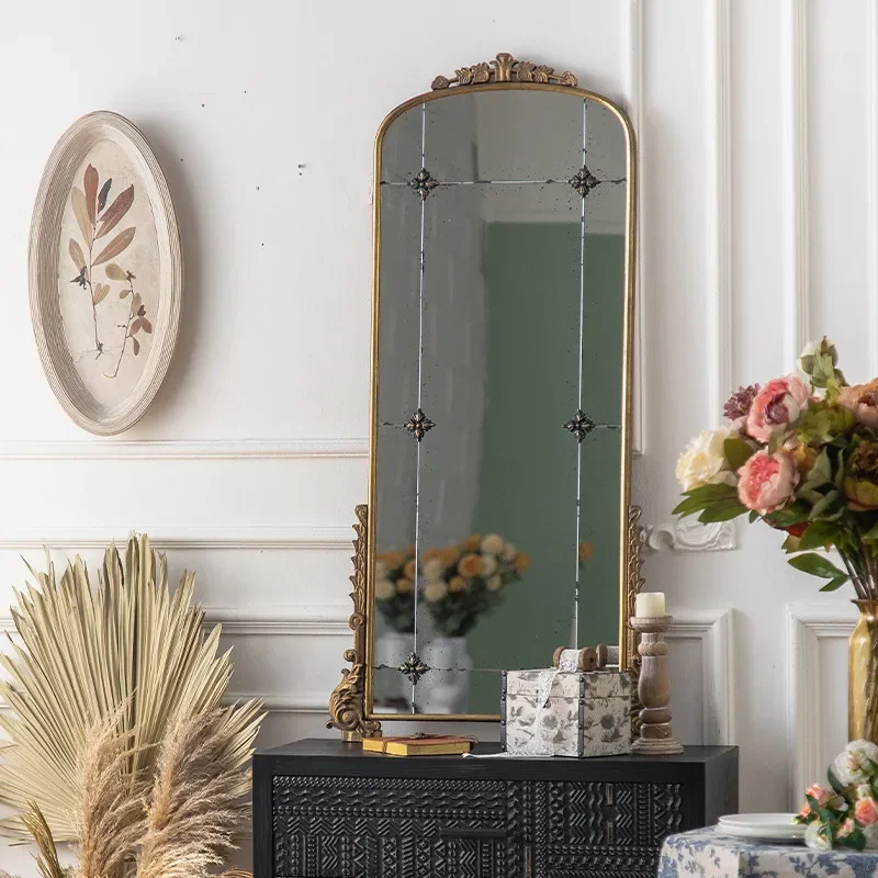 For American Antique Full Body Mirror Wrought Iron Imitation Copper High End Floor Standing Wall Mounted Home Decor Clothing