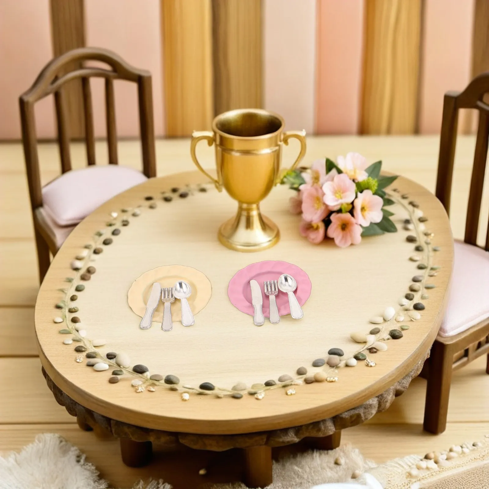 

Набор из 4 миниатюрных столовых приборов для кукольного домика: детализированные вилки, ложки, ножи и тарелки из сплава для кухонной утвари кукольного домика