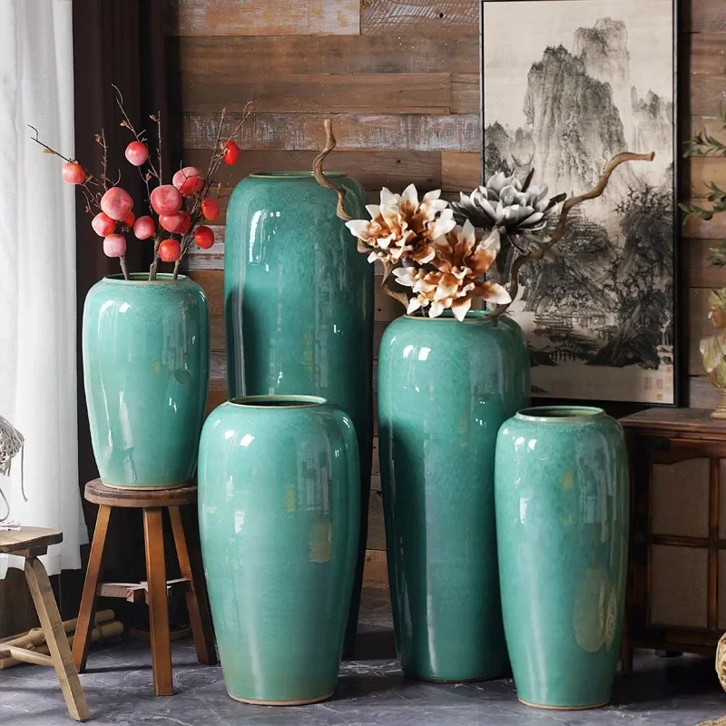 Modern Simple Dark‑Green Ceramic Floor‑To‑Ceiling Large Vase Ornament For Living Room Window Club Hotel Flower Arrangement Home