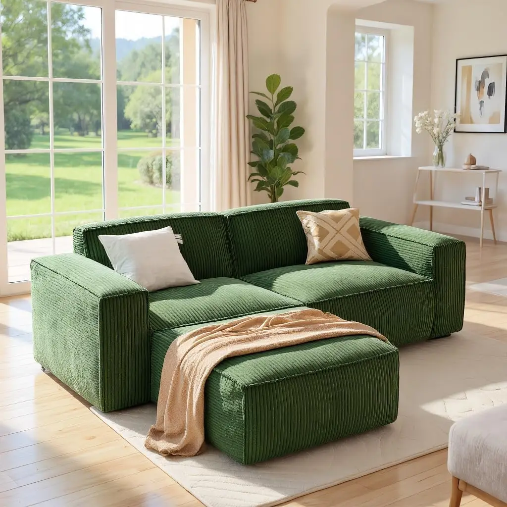 L Shaped Sofa Modular, Corduroy Clopud Couches with Deep Seats Upholstered Couches for Living Room Bedroom with Ottoman