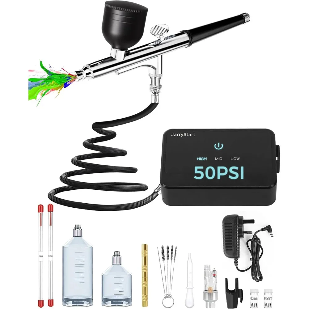 

Набор для аэрографии с компрессором 50 PSI, 3 насадки 0.2, 0.3, 0.5 мм для росписи моделей, ногтей, макияжа, украшения тортов