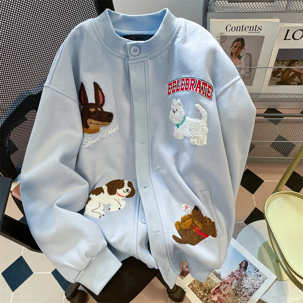 

Корейская модная бейсбольная куртка с вышивкой в виде мультяшной собаки, мужская повседневная верхняя одежда, осенняя трендовая брендовая куртка свободного кроя для молодежи