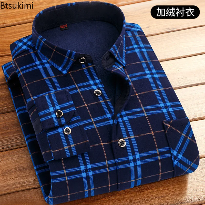 Autumn Winter Men's Shirts 2024 Fashion Thicker Fleece Warm Shirts Man Casual Long Sleeve Lapel Print Plaid Tops Men's Clothing