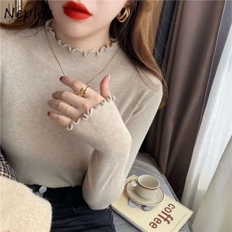 Neploe Turtleneck Fungus Edge Long Sleeve Knitted Korean Chic Simple All-match Pullover Solid Color Design Sense Slim Sweater