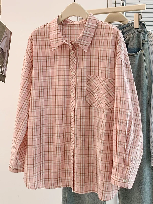 Women's Gentle Plaid Shirt Long Sleeve Loose Fit Double Layered Top Yellow And Pink Two Colors Casual Style Cotton Linen Blend