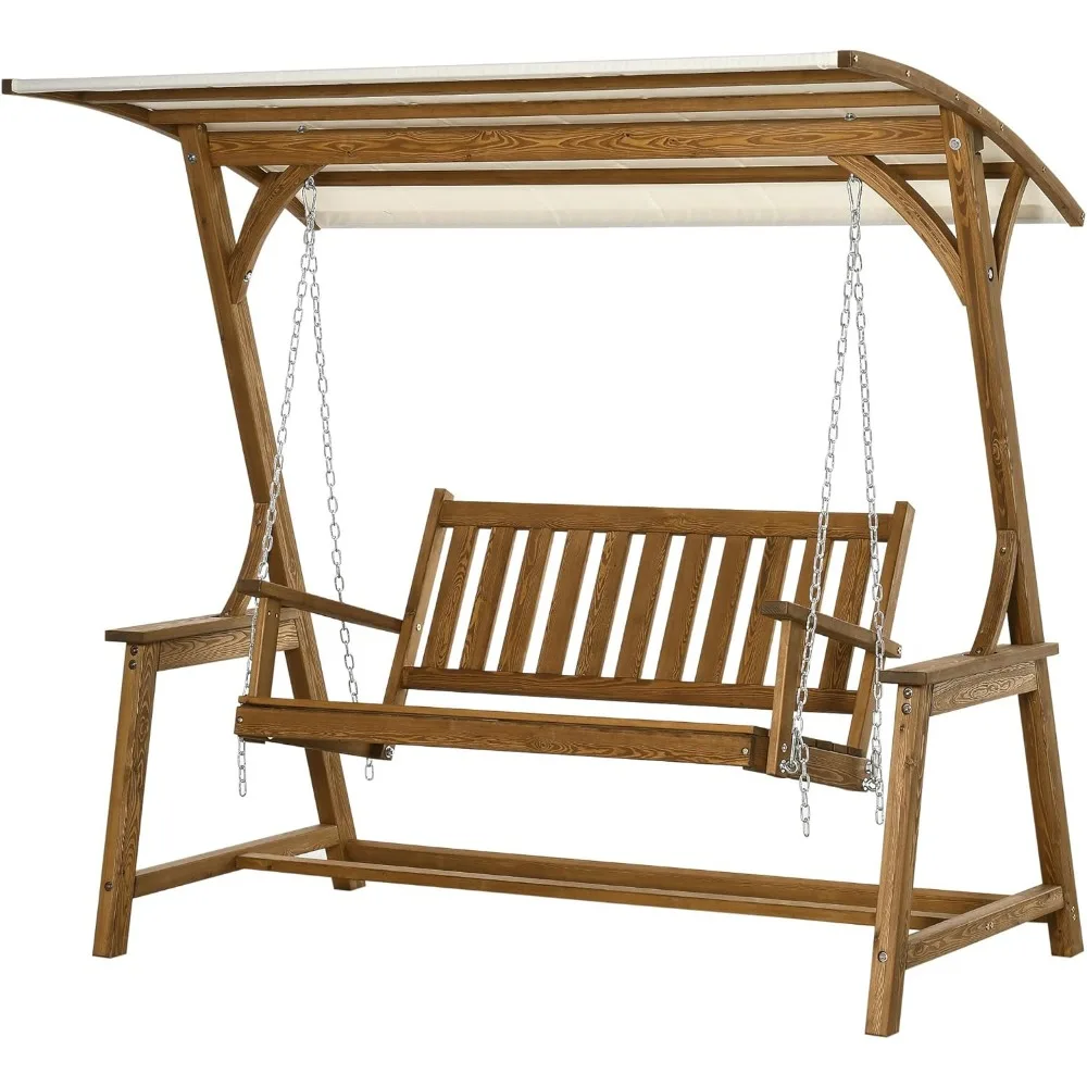 

2 Seater Outdoor Swing Loveseat with Canopy and Hanging Chains, Patio Swing Chair, Wooden Porch Swing Glider, for Garden