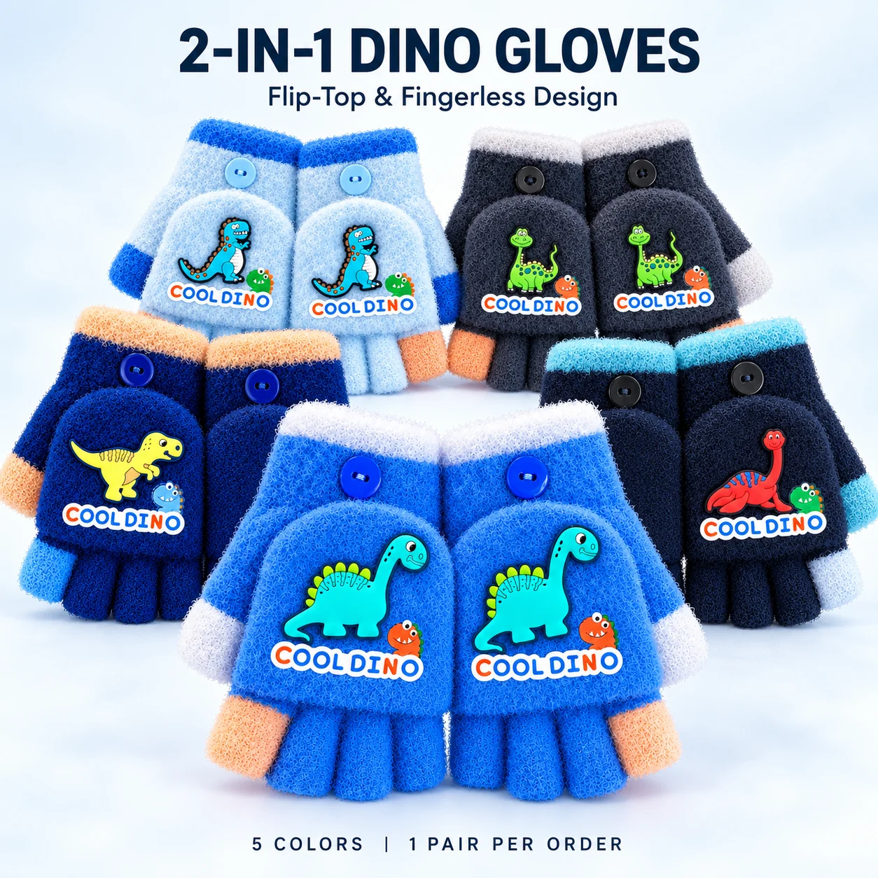 1PC Kids Dinosaur Gloves 2 in 1 Flip Top Convertible Mittens Warm Knitted Half Finger Winter Gloves for Boys Girls