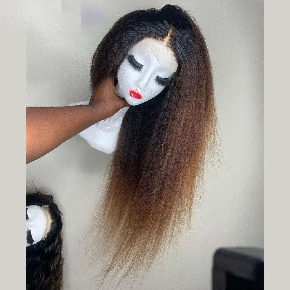 

Brown Yaki 13*4*1 Lace Front Wigs Glueless 26Inch 180%Density For Women With Baby Hair Synthetic Fiber Daily Wear Wigs