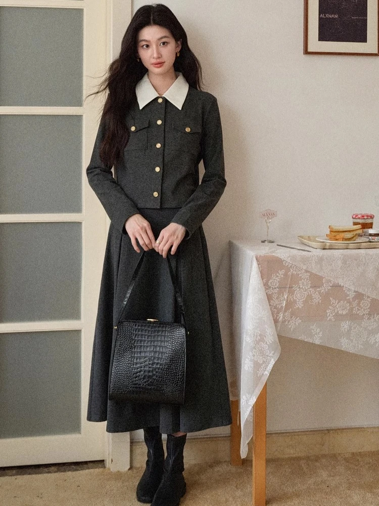 ALXNAN gris vêtements d'extérieur court col rabattu poches épaule régulière Premium veste de luxe métal boutonné manteaux de bureau L578127