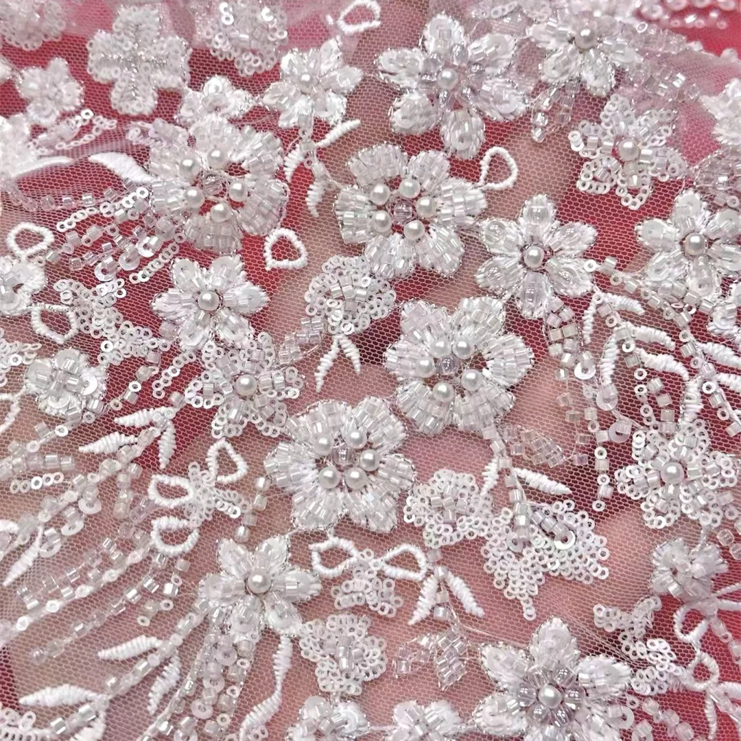 

Latest Elegant French Mesh Lace Fabric Floral Sequins Embellished High Quality African for Wedding Evening Party Gown Dress