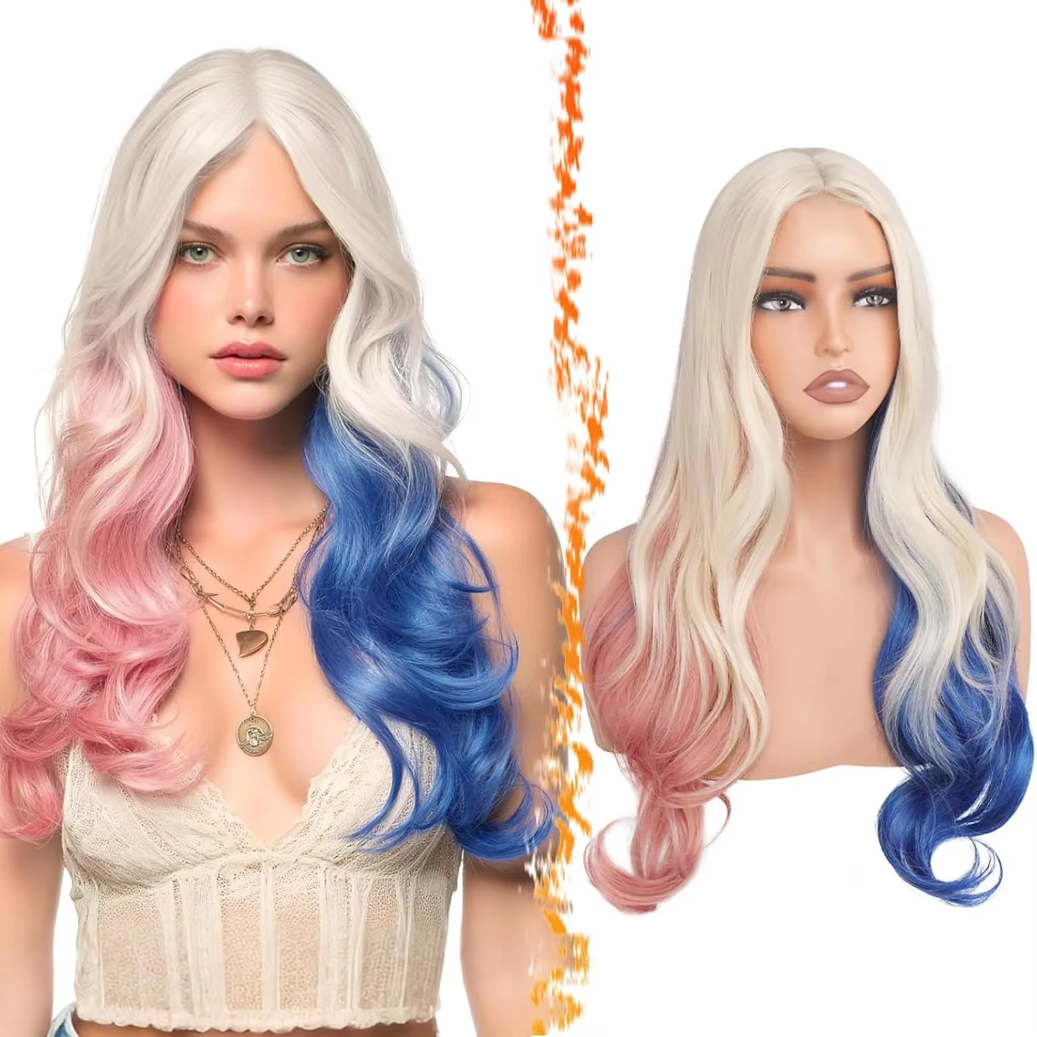 26/22 Inch Long Wavy Middle Part Blonde Pink Blue Wig Soft Synthetic,Versatile Easy Wear Daily Party Halloween Villain Costume