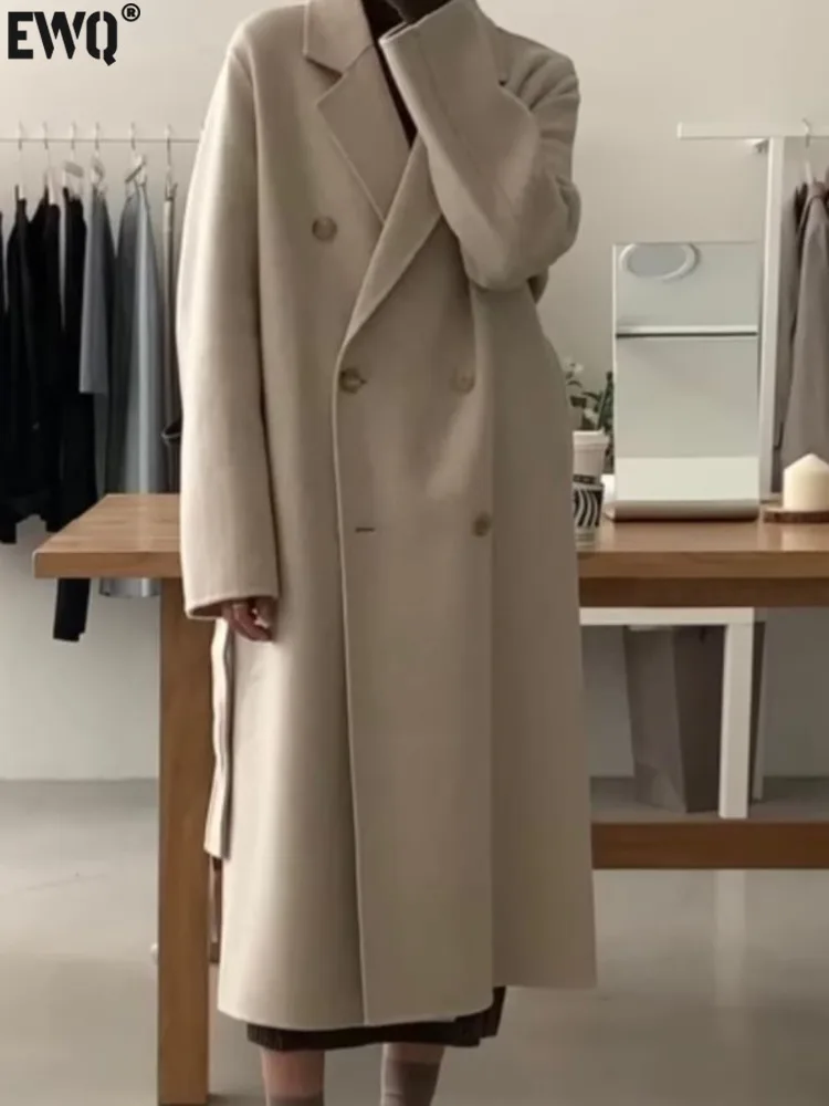 

[EWQ] Korean chic Simple Double Breasted Long Woolen Coat Basic Fashion Women Thick Overcoats Winter 2024 Autumn coats O1885