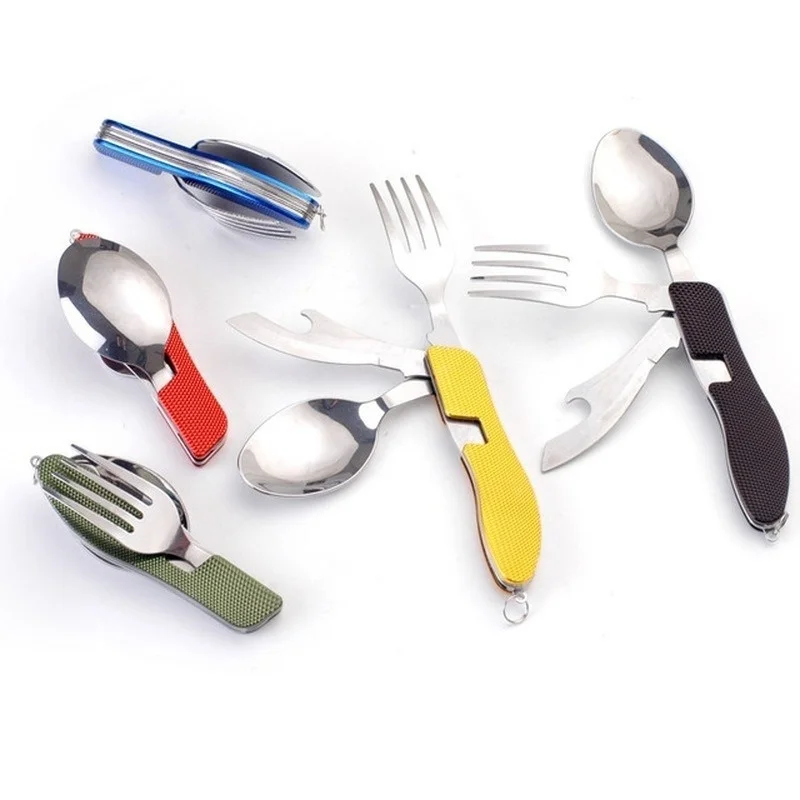 

Multifunction 4 In 1 Outdoor Tableware (Fork/Spoon/Knife/Bottle Opener) Camping Stainless Steel Folding Pocket Kits for Travel