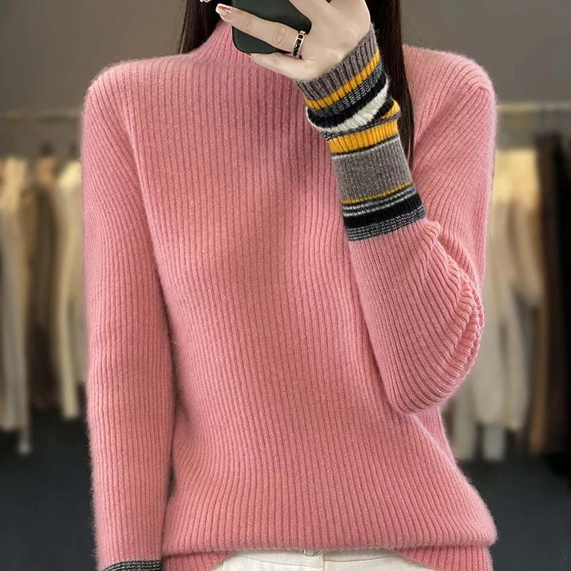 Fall/Winter  New 100% Merino Wool Sweater Women's Semi-high Neck Striped Cuff Striped National Knitted Pullover