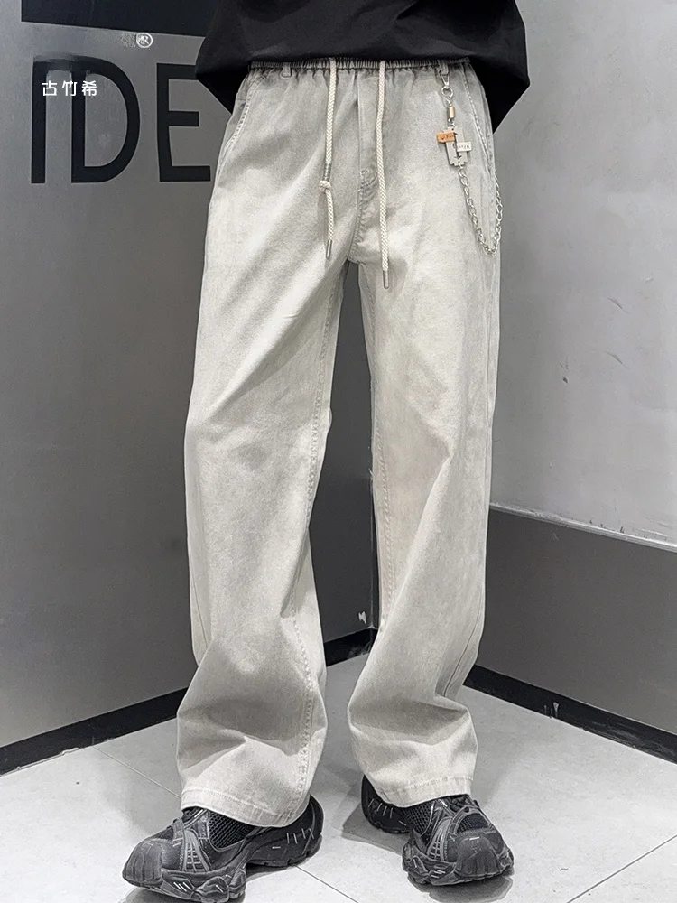 

Retro American Dstring Denim Jeans Men's Spring New Loose Straight Wide Leg Long Pants Casual Waed Cotton Polyester Blend