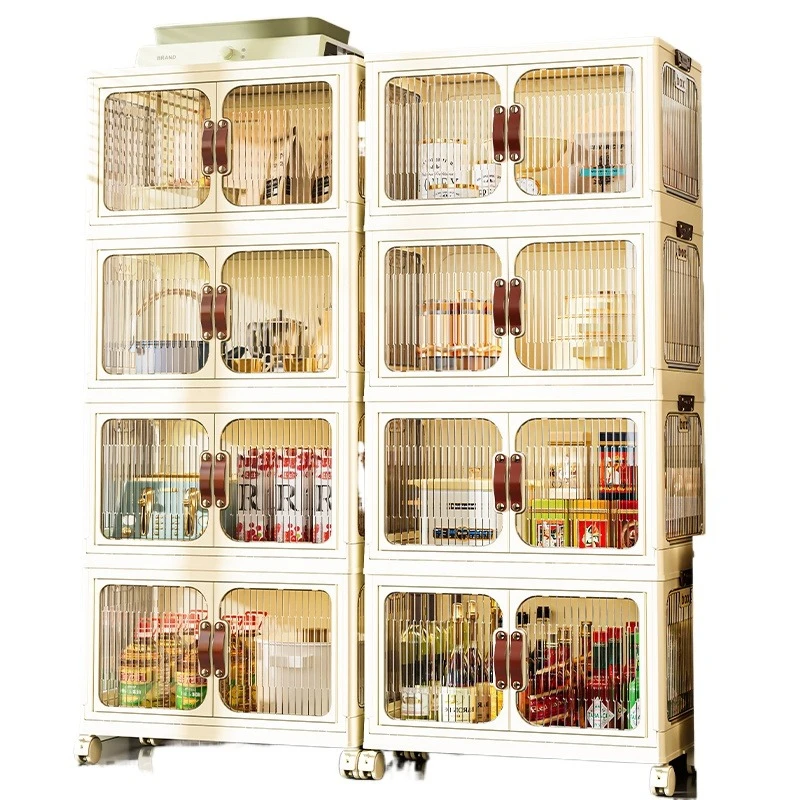 4-Layer 55 * 32 * 118 cm stackable storage organizer, folding storage box with door and wheels, locking storage box with lid