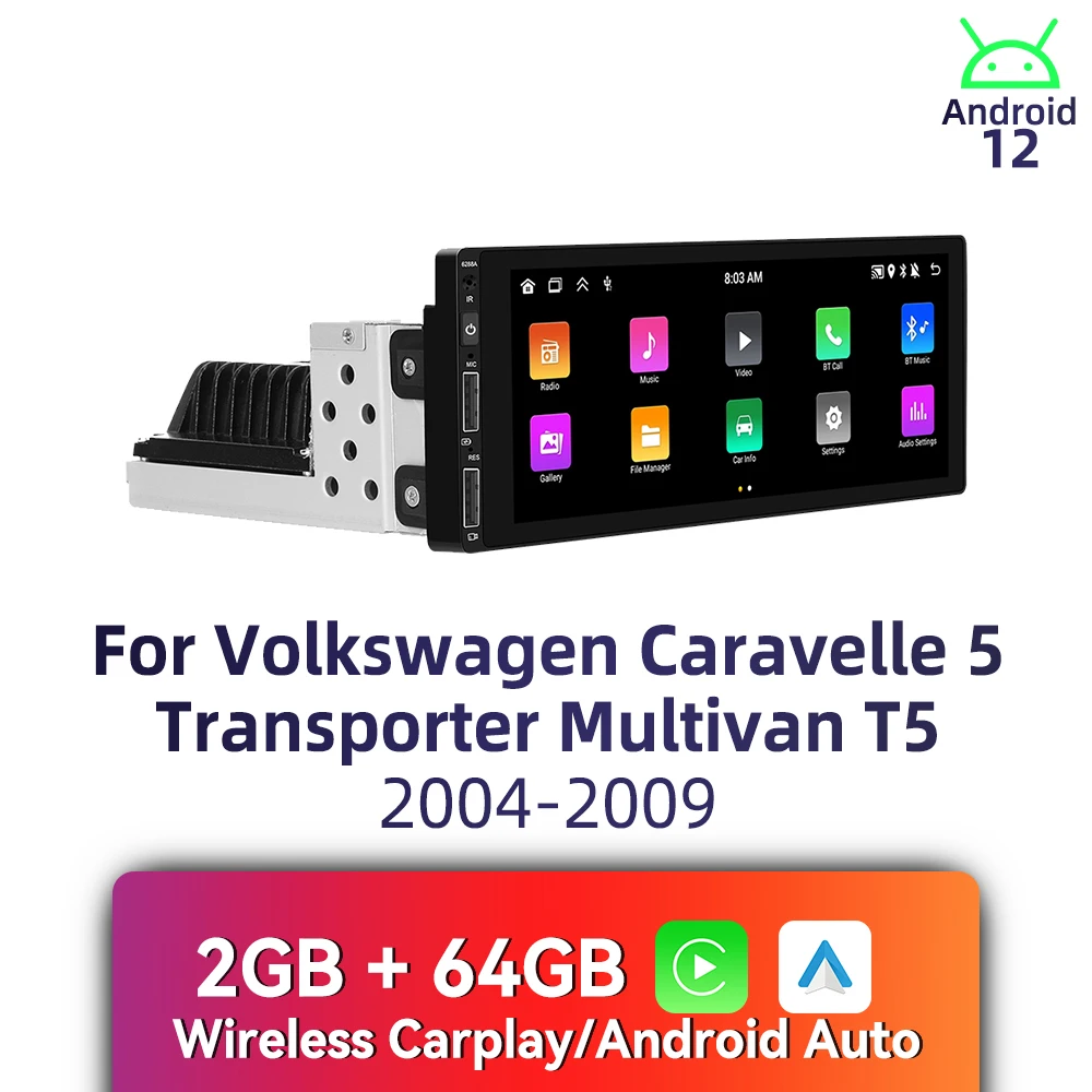 CarPlay Android Car Stereo 1 Din Head Unit for VW Volkswagen Caravelle 5 Transporter Multivan T5 2004-2009 Autoradio Multimedia