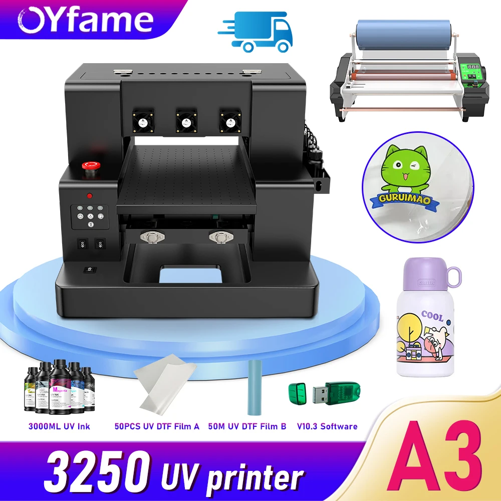 OYfame A3 UV Flatbed Automatic Label UV DTF Film Printer A3 A4 Varnish For Phonecase Metal Glass Bottle UV DTF Printing Machine