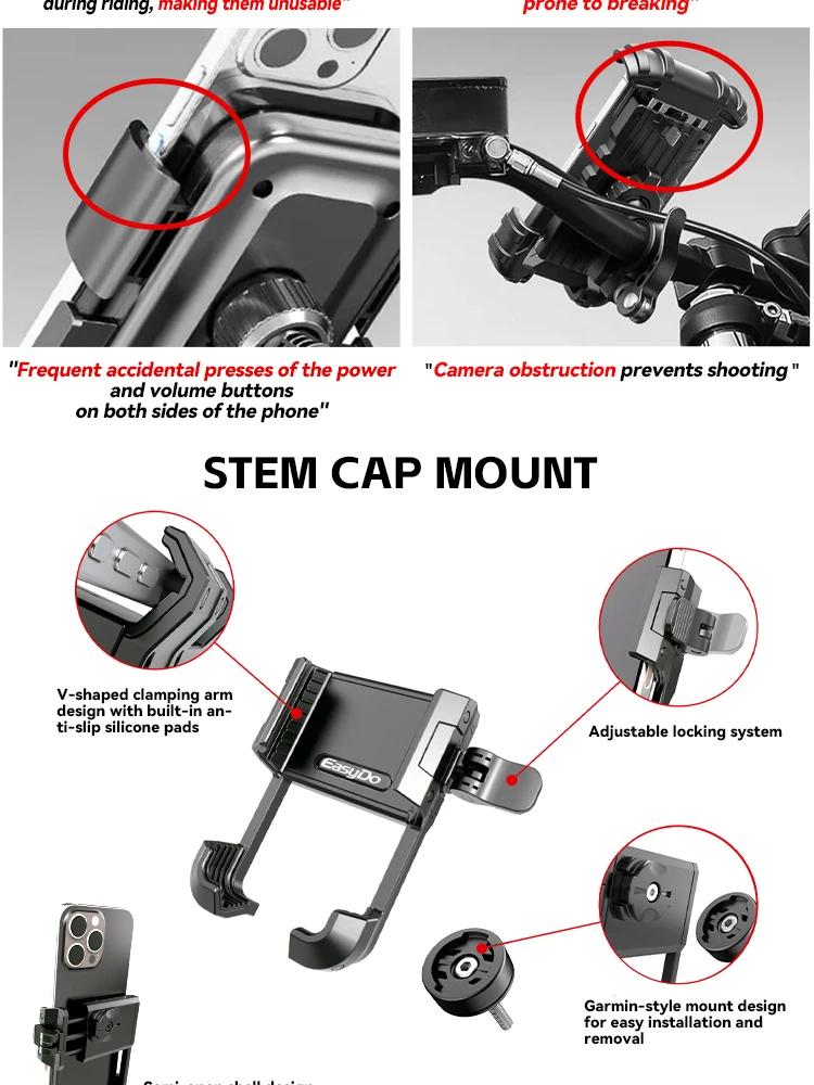 Easydo Fahrradlenker-Handyhalterung, vibrationsdämpfende Aluminium-Fahrrad-Headset-Kappe, Handyhalterung mit M6-Schraube für Renn- und Gravel-Bikes – Detail 3
