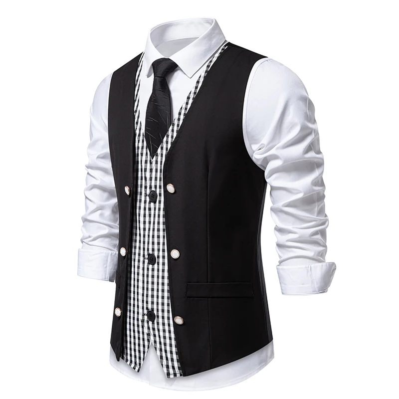 Men Retro Lapel Business Vest Fake Two Piece Suit Vest British Casual Vintage Gentleman Party Dress Suit Vest Waistcoat