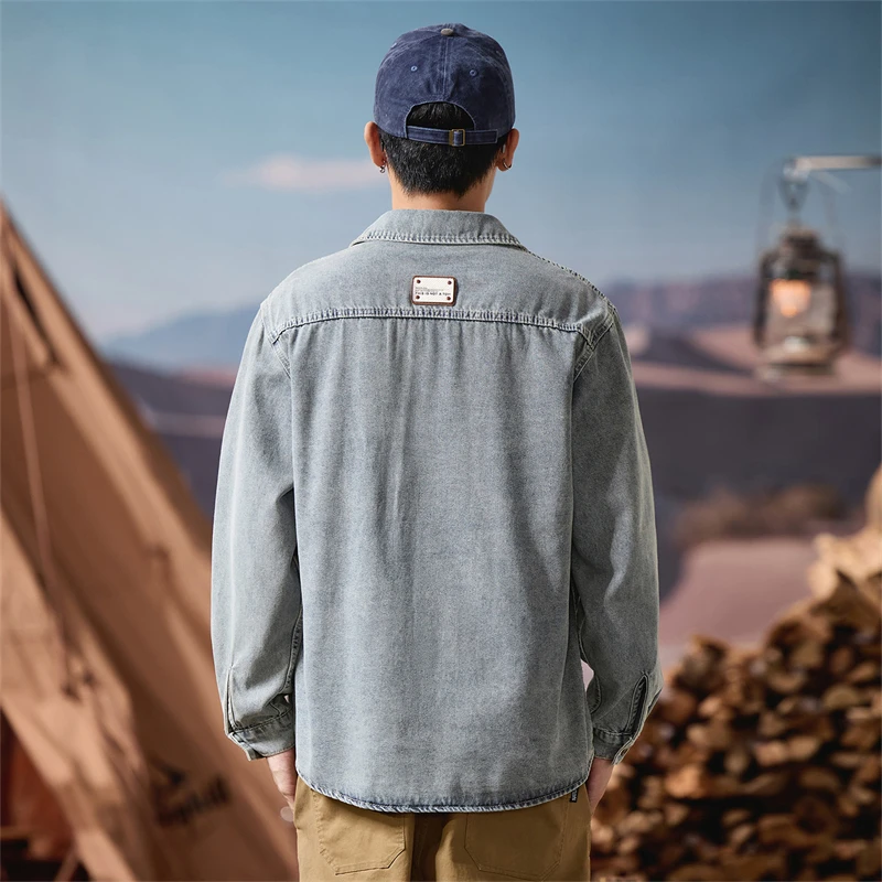 Loose Long Sleeve Men's Denim Shirt Trendy Brand Handsome American Jacket Outerwear Top 2025 Autumn Winter New Arrival