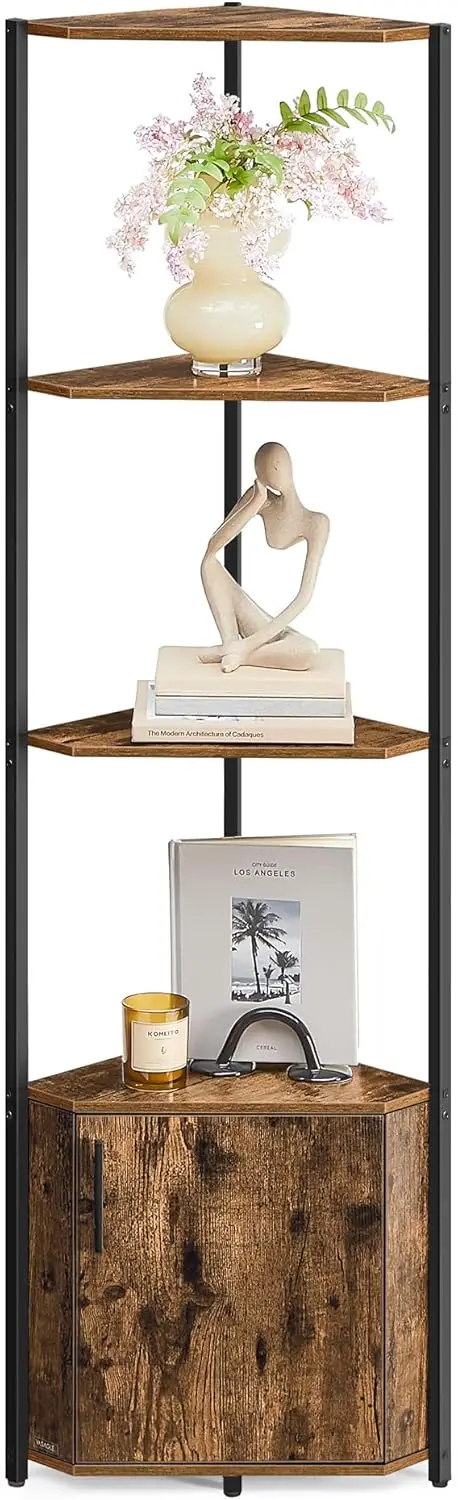 

Corner Shelf with Storage, 5-Tier Corner Storage Cabinet, for Living Room, Bedroom, Kitchen, Bathroom, Rustic Brown and Ink