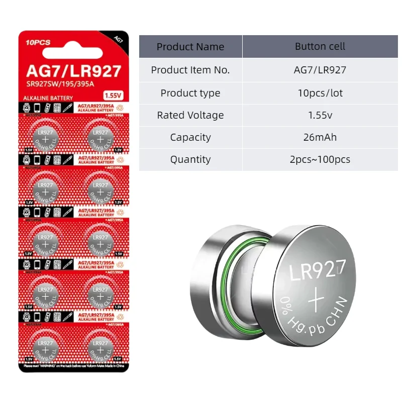 top2-100PCS 1.55V AG7 LR927 SR927SW 395 LR927 SR927 Alkaline Coin Cell Silver Oxide Button Battery For Watch Toys Remote Calcula