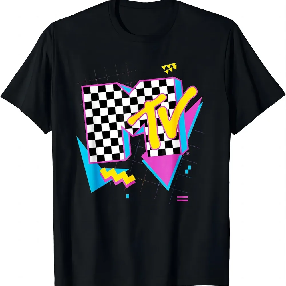 Retro Checkered Neon Shapes Music Television T-Shirt Vintage Clothes Tops Short Sleeve Tee Camiseta Streetwear Harajuku