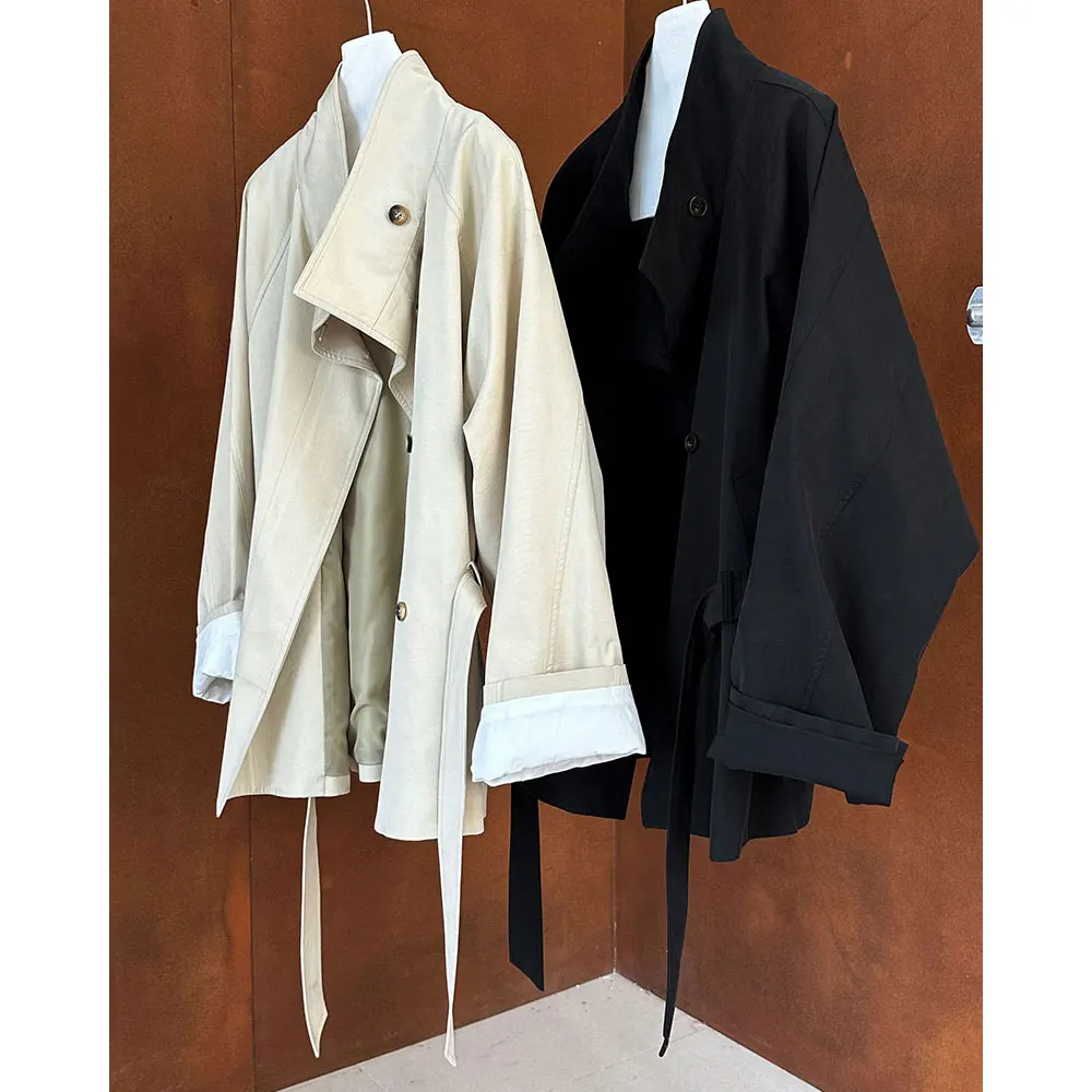 Damski Płaszcz Trencz Jesienny Wysokiej Jakości Stójka Khaki Bawełniany Trencz Femme Casaco Abrigo Streetwear