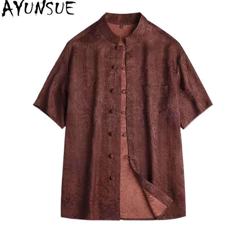 

AYUNSUE Luxury 100% Real Mulberry Silk Shirt for Man Summer Top 2026 High Quality Short Sleeve Shirts Men Clothing Stand Collar