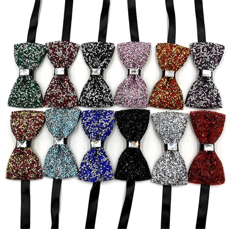 Mens Rhinestones Bow Tie Shinning Crystal Diamond Bowtie with Adjustable Length Pre-Tied Necktie for Banquets Party