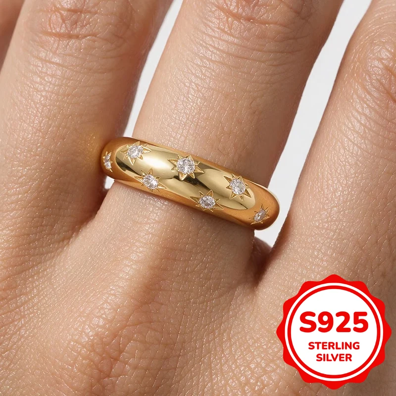 Genuine S925 Sterling Silver 14K Gold Starburst Zircon Ring For Women Polished Chunky Band Inlaid Star Zirconia Jewelry Gift