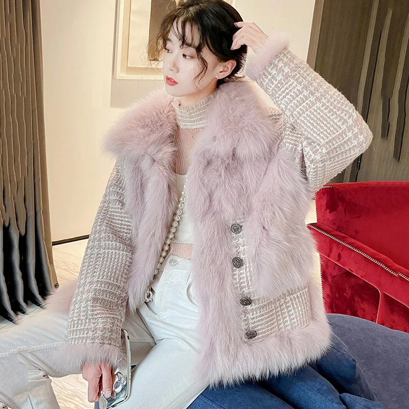 

Pop Women Faux Fur Jacket Autumn Winter Fashion Young Style Fur Collar Plaid Woolen Patchwork Loose Tuscany Fur Coat Woolen Coat