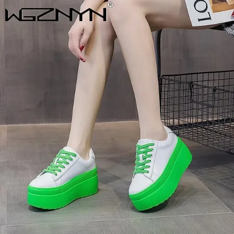 Luxury Autumn Genuine Leather Women Casual Shoes Super Thick 8CM Platform Wedge Women Sneakers Chunky Shoes Summer Skateboard