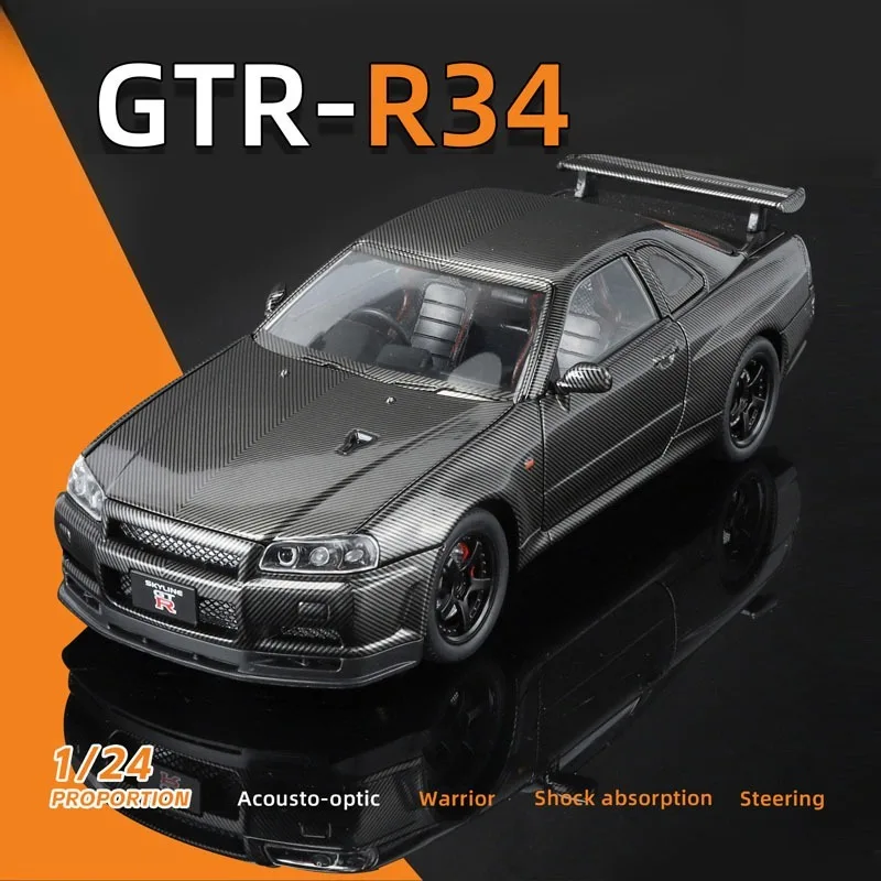 

Литая под давлением масштаб 1/24 из углеродного волокна Nissan GTR R34, модель автомобиля из сплава, имитация детского звукового света, откатная модель автомобиля из сплава, игрушка