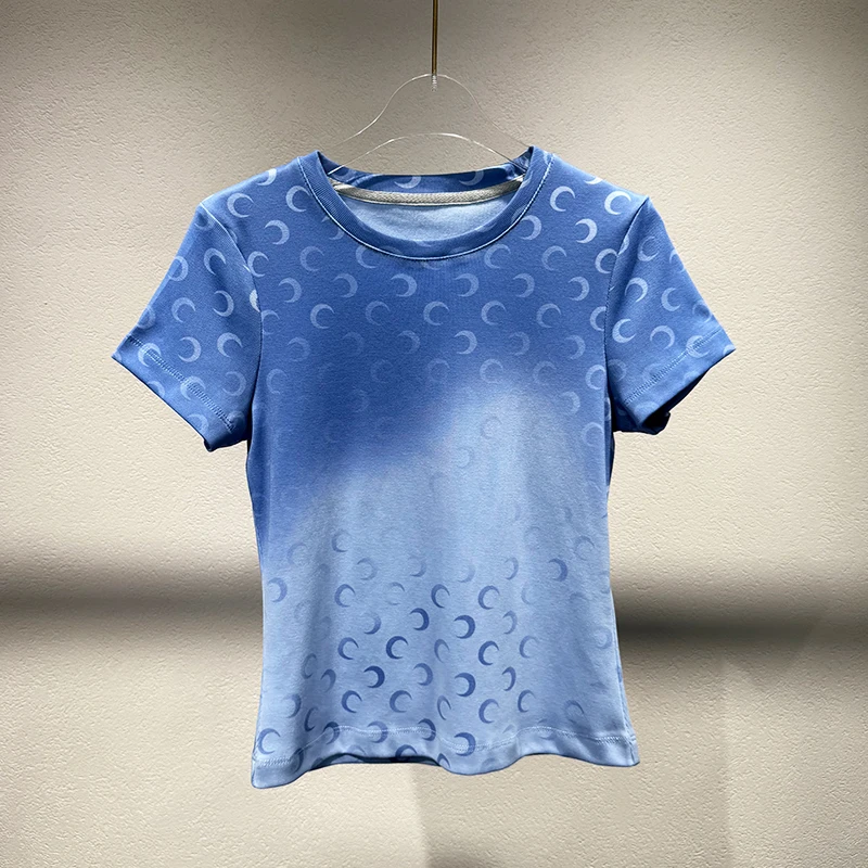 Summer 2026 Women's Casual round Neck Short Sleeve T-shirt Gradient Color Moon Print Moisture Wicking Loose Fit Creative Design