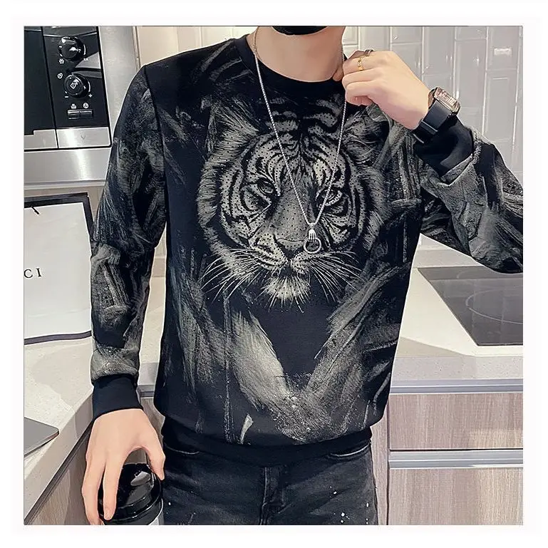 Men's Trendy Brand Tiger Print hoodies Spring and Autumn Trendy Cool Round Neck All-match Sweatshirts Top