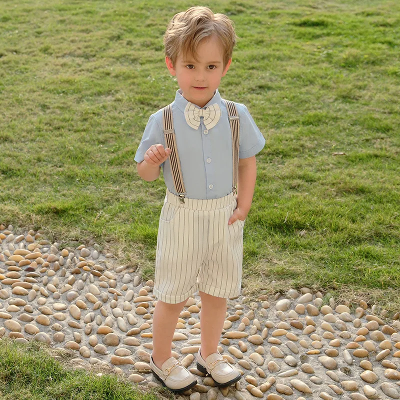 

Children's Summer Striped Dress Set British Boys Birthday Party Performance Costume Kids Short-sleeved Shirt Shorts Bowtie