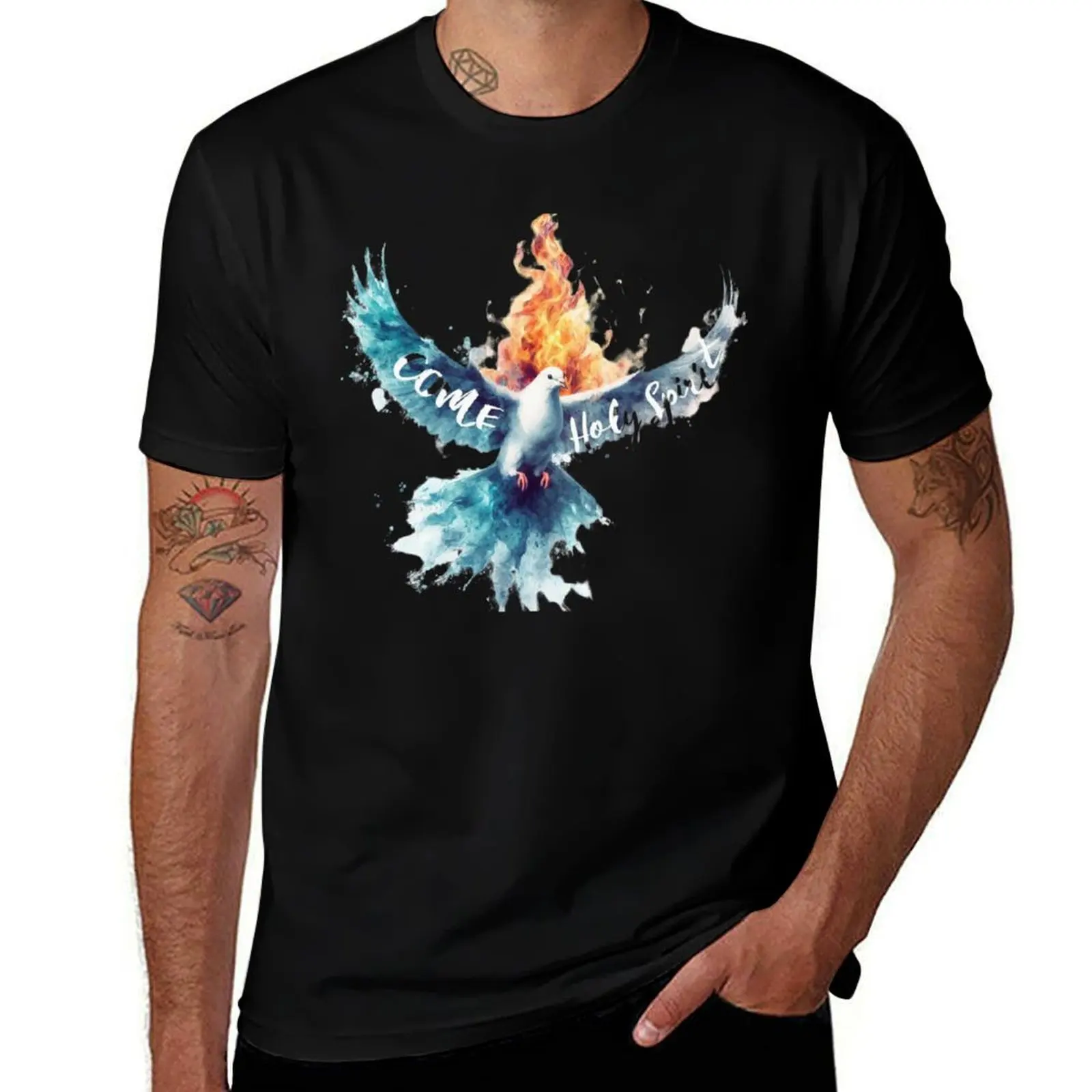 

Come Holy Spirit, Dove, Fire and Water Art T-Shirt quick-drying Funny t-shirts summer clothes Men's clothing