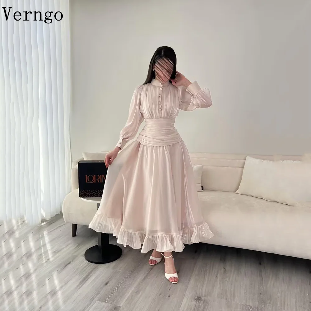 

Verngo lvory Shiny Satin Evening Dress High Neck A Line Full Sleeves Formal Occasion Dress Arabia Eid Prom Gown Customized