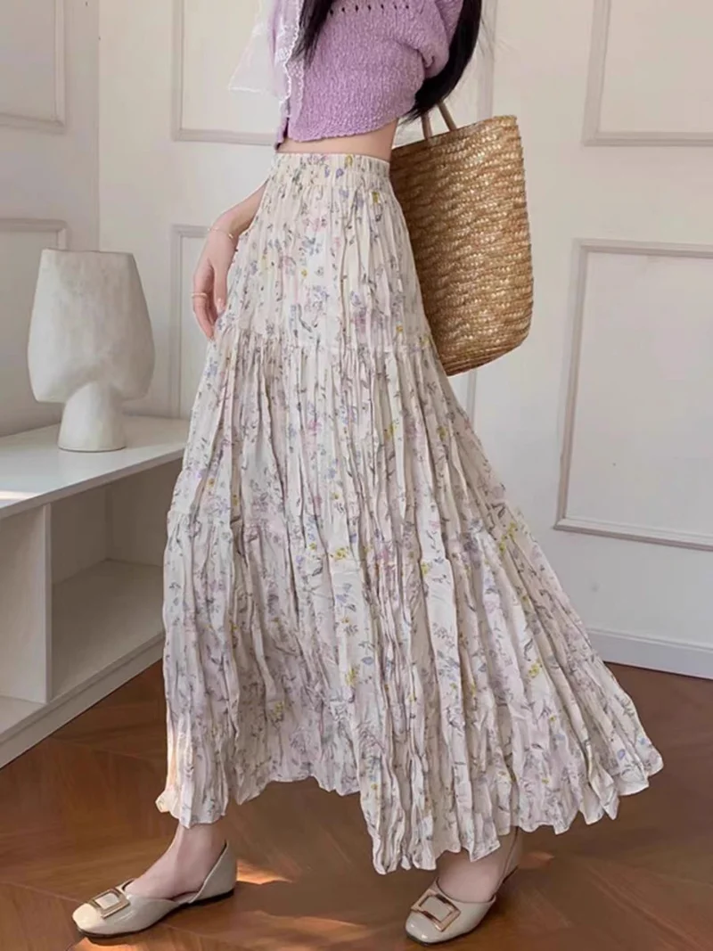 French Pleated Floral Midi Skirt For Women Summer 2025 Fashion Thin And Stylish A-Line Long Skirt w1967