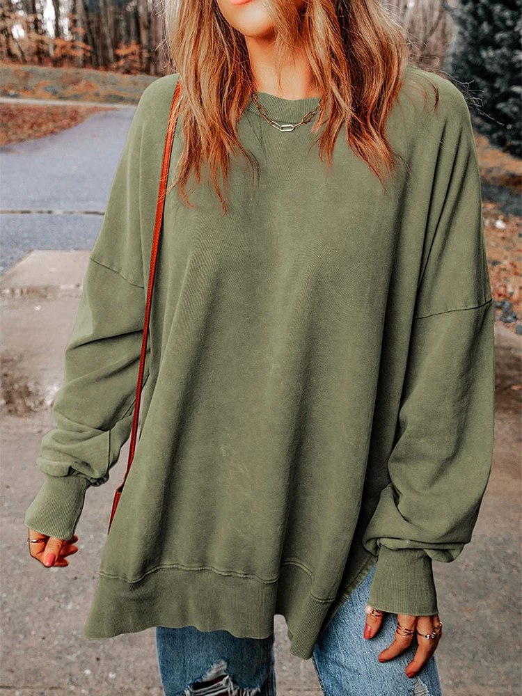 Autumn Solid Color Side Slit Sweatshirt Female Vintage Round Neck Long Sleeve Tops Casual Loose Hoodies Street Women Clothes