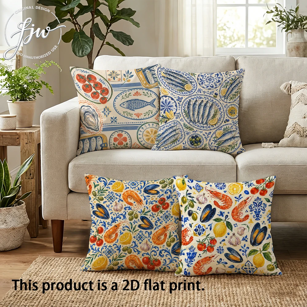 4pcs Coastal Mediterranean Seafood Throw Pillow Covers Vintage Kitchen Fish Shrimp Lemon Floral Decorative Pillow Cases for