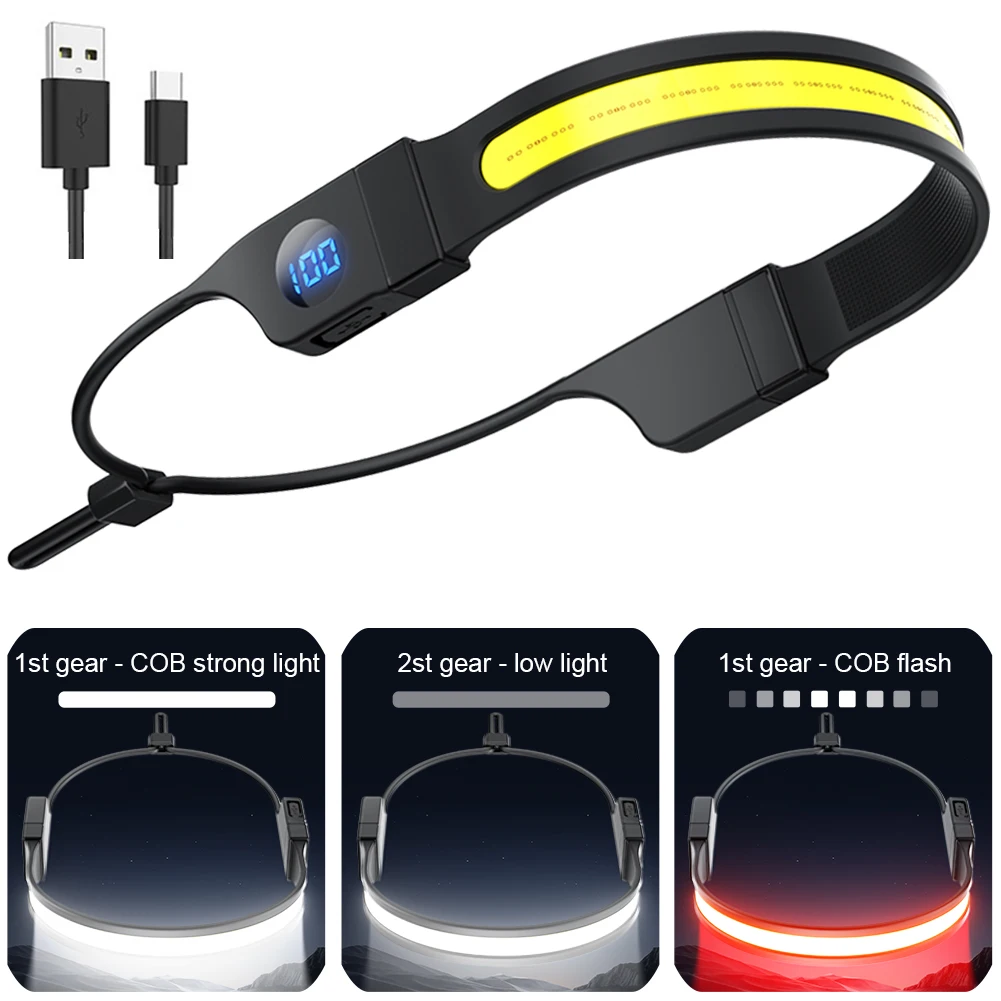 LED+COB Waterproof Headlight 300LM USB Rechargeable Head Torch Digital Power Dispaly for Camping Dog Walking Fishing Hiking