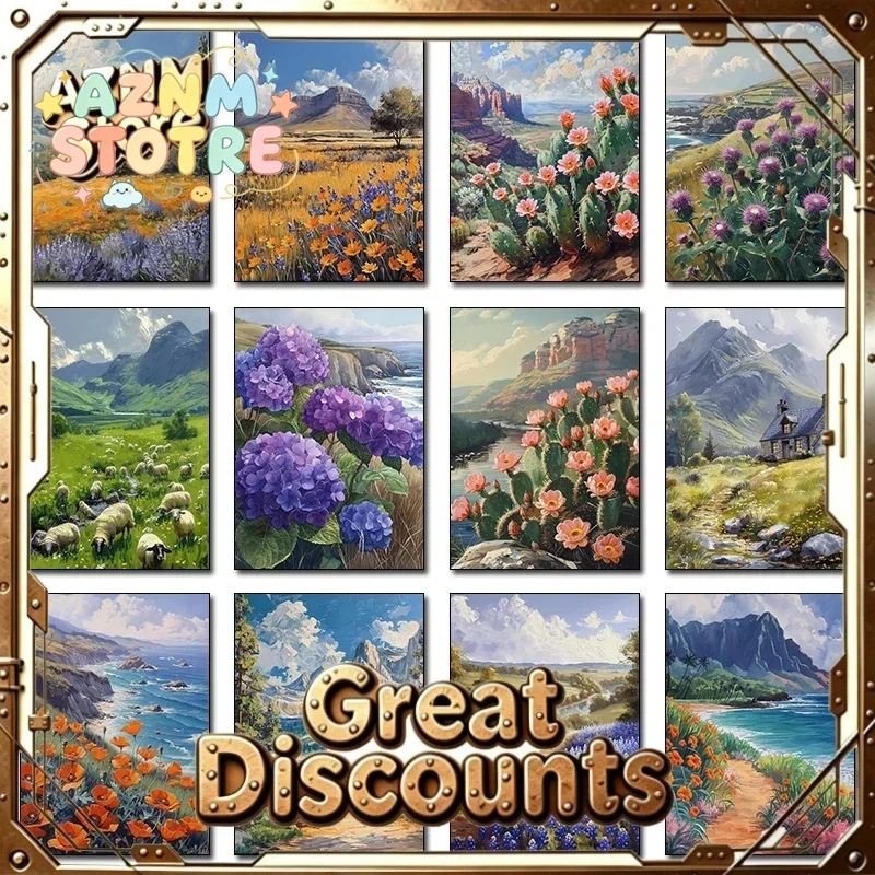 Spring Comic Style Prairie Wildflower Snow Mountain Island Forest Scenery Poster Canvas Paintings Wall Art Pictures Home Deco