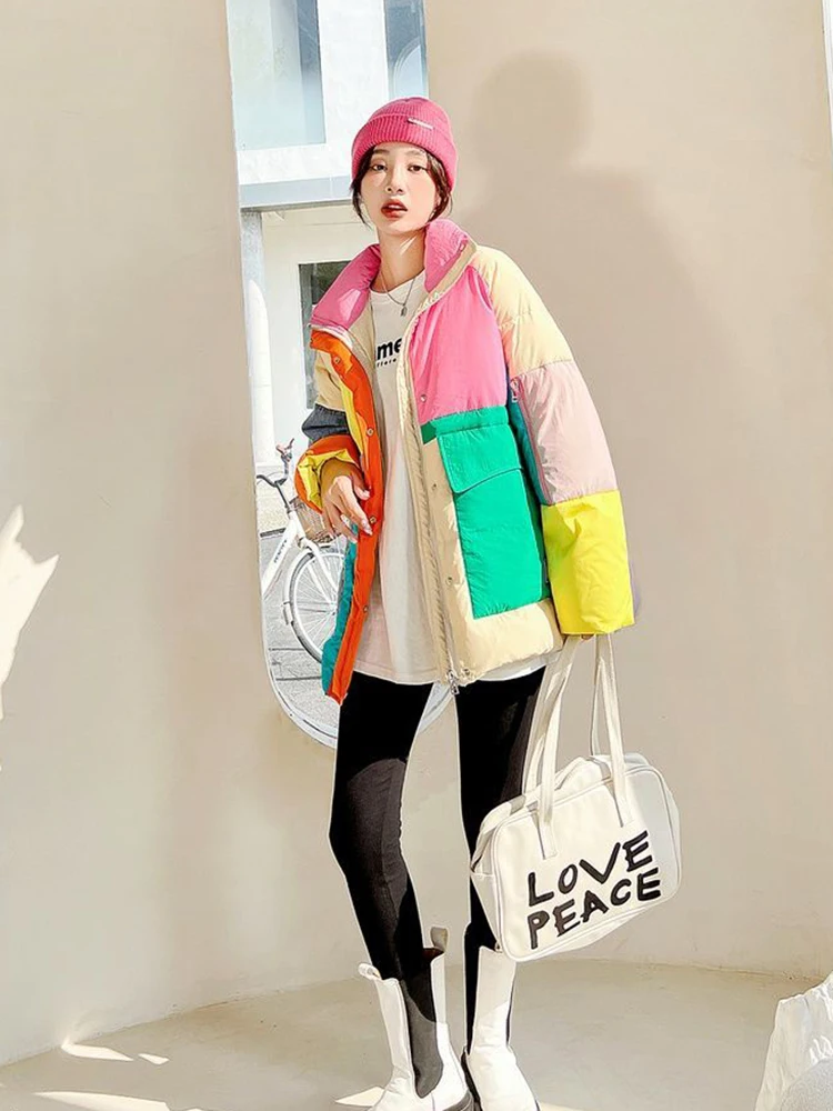 2024 New Winter Colorful White Down Parka Winter Warmer Thicken Streetwear Puffer Jacket Hooded Long Sleeve Loose Outerwear Coat