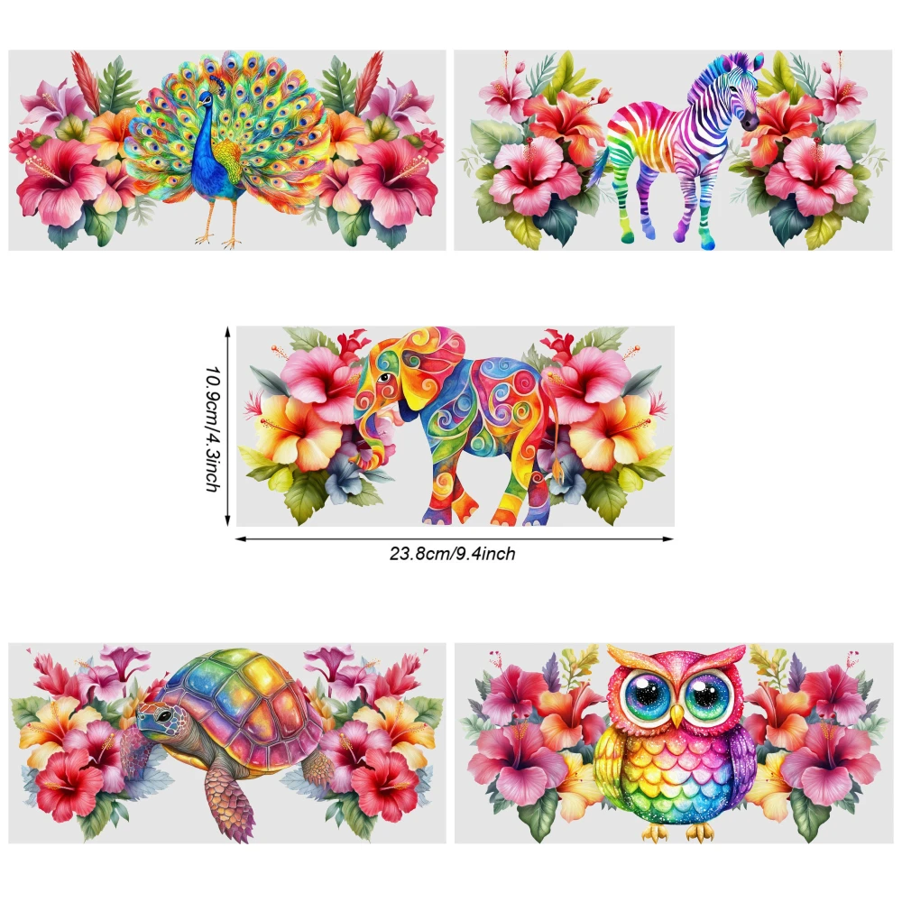 5 Sheets Owl Elephant Peacock Zebra Turtle UV DTF Stickers Suitable for 16 oz Glass