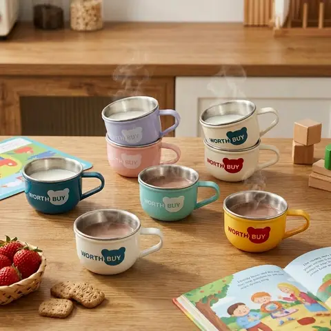 Cute Mini Coffee Mug 304 Stainless Steel Tea Cup Anti-Scald Plastic Water Cups Kids Unbreakable Home Travel Milk Drinkware