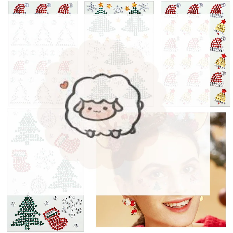 عيد الميلاد ماكياج الأبيض ندفة الثلج شجرة عيد الميلاد ملصقات حجر الراين عيون الوجه الوشم المؤقت ذاتية اللصق التصحيح مهرجان الأيل