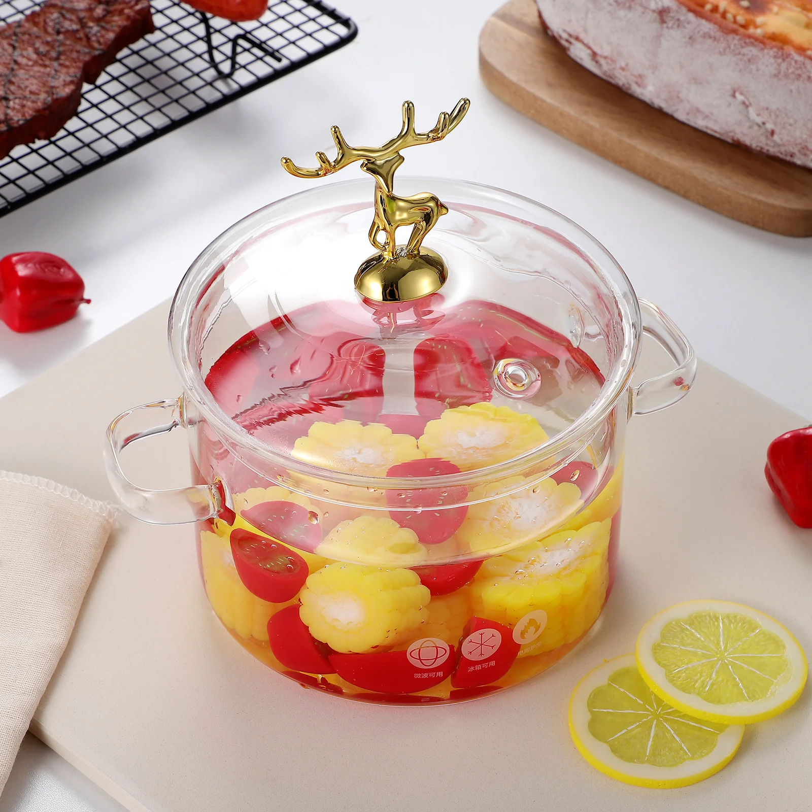 

High Borosilicate Stockpot Elk Style Lid 1500ml Transparent Glass Stew Pot Acid Alkali Resistant Kitchen Cooking Pot